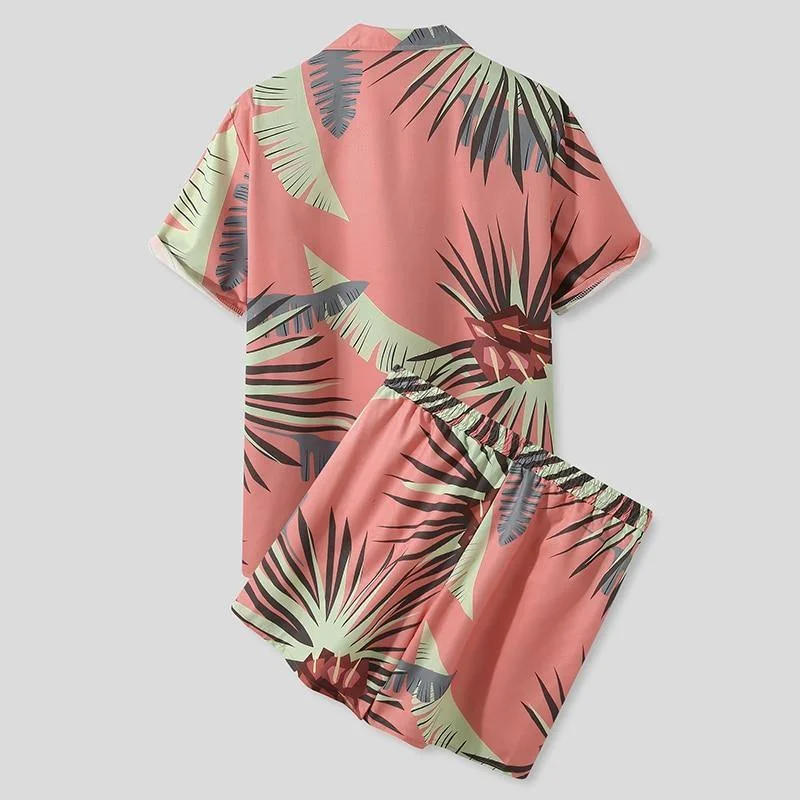 Men's Hawaiian Floral Print Summer Short & Shirt Set - Pink