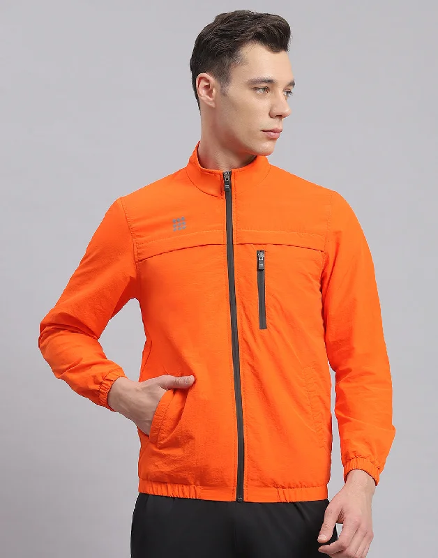 Men Orange Solid Stand Collar Full Sleeve Jacket