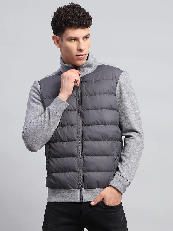 Men Grey Solid Collar Full Sleeve Jacket