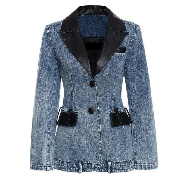 Streetwear Leather Collar Denim Blazer Women - Casual - Plain-Solid