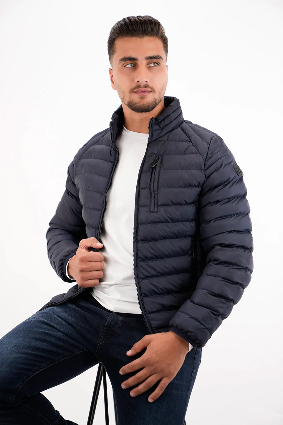 Navy Puffer Jacket With Zipper Design