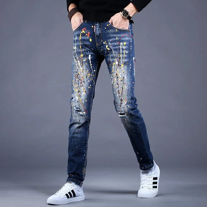 Men’s Slim Fit Denim Graffiti Ripped Jeans