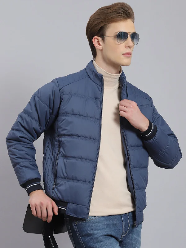 Men Navy Blue Solid Stand Collar Full Sleeve Jacket