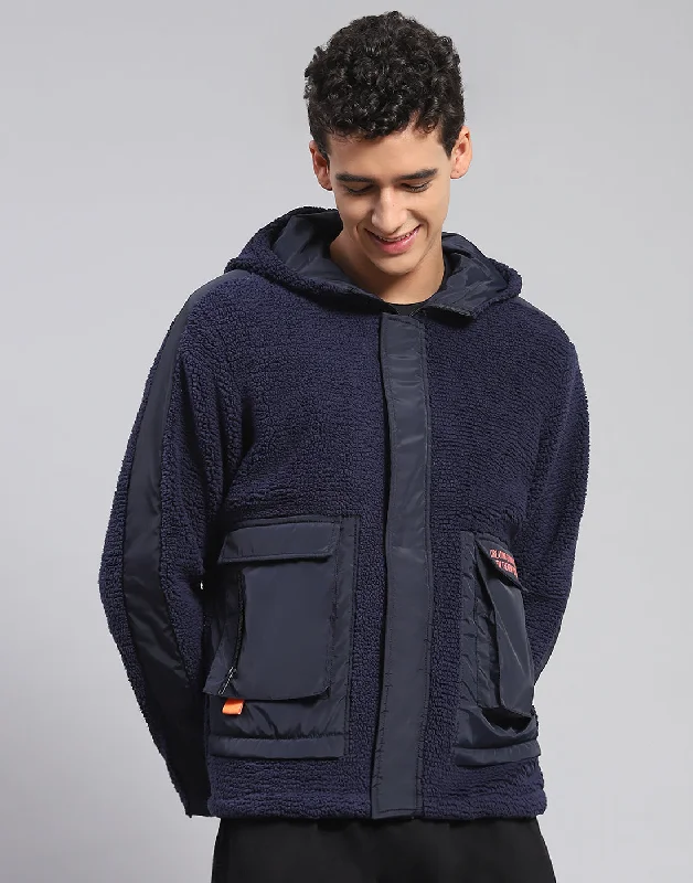 Men Navy Blue Solid Hooded Full Sleeve Jacket