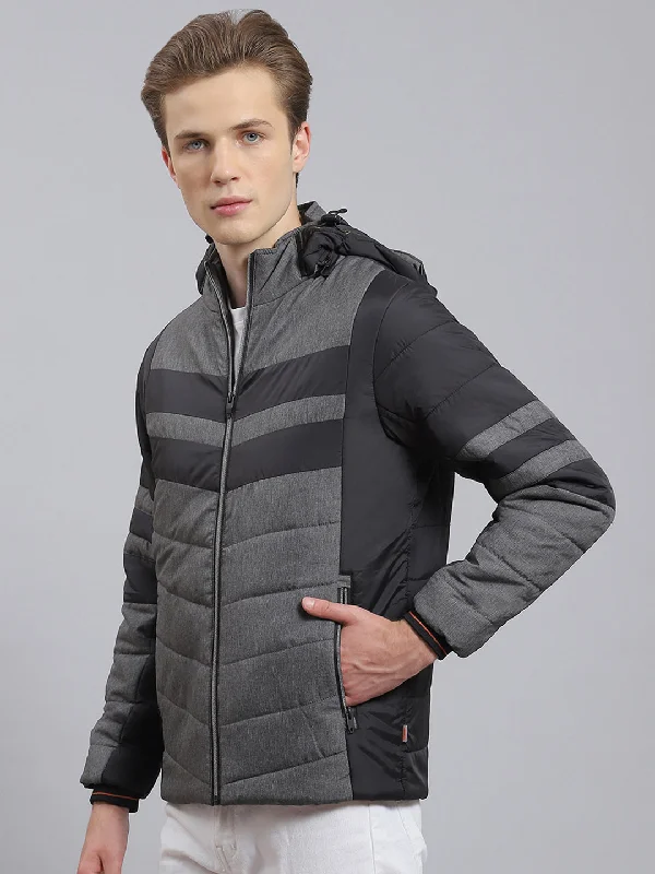 Men Grey Solid Hooded Full Sleeve Jacket