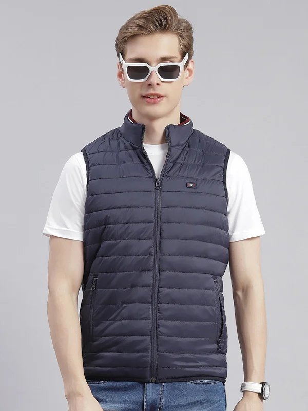 Men Navy Blue Solid Stand Collar Sleeveless Jackets