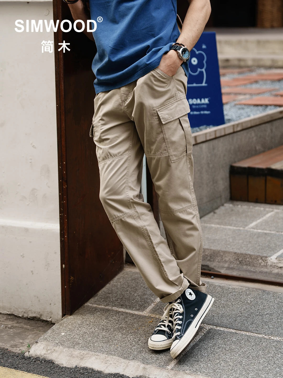 Regular Straight Cargo Pants Men with Multi Pockets and Elastic Waist