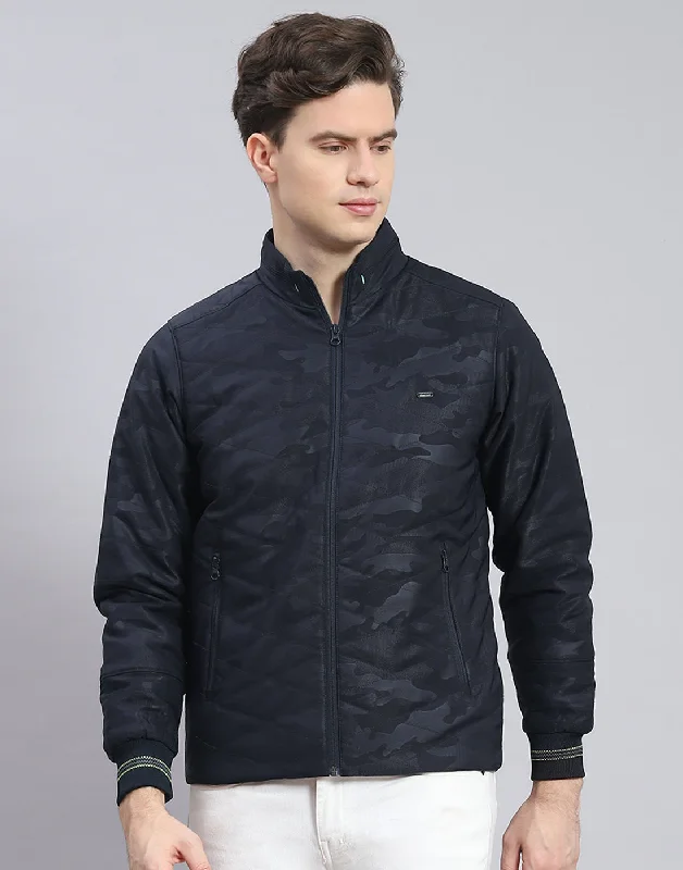 Men Navy Blue Solid Stand Collar Full Sleeve Jacket