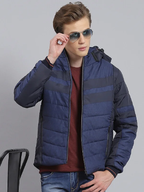 Men Blue Solid Hooded Full Sleeve Jacket