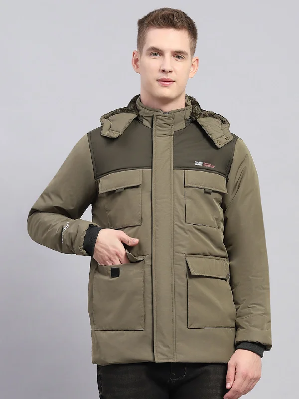 Men Olive Solid Detachable Hood Full Sleeve Jacket