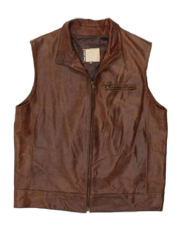 GREEN LEAVES Mens Leather Gilet IT 48 Medium Brown Leather