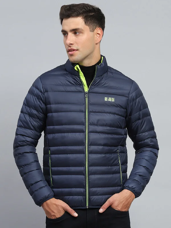 Men Blue Solid Mock Neck Full Sleeve Jacket