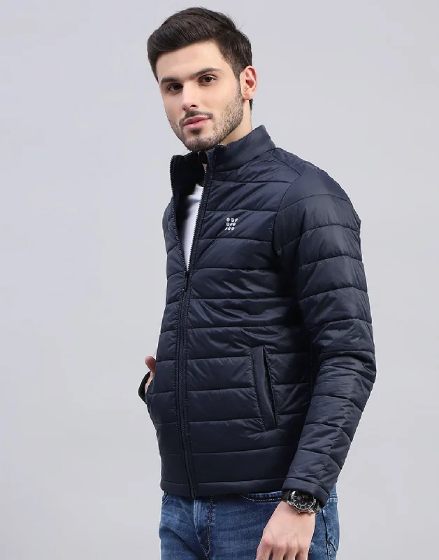 Men Navy Blue Solid Band Collar Full Sleeve Jacket