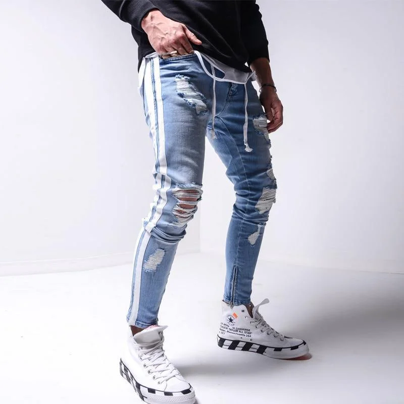 Men's Slim Fit Side Striped Distressed Jeans