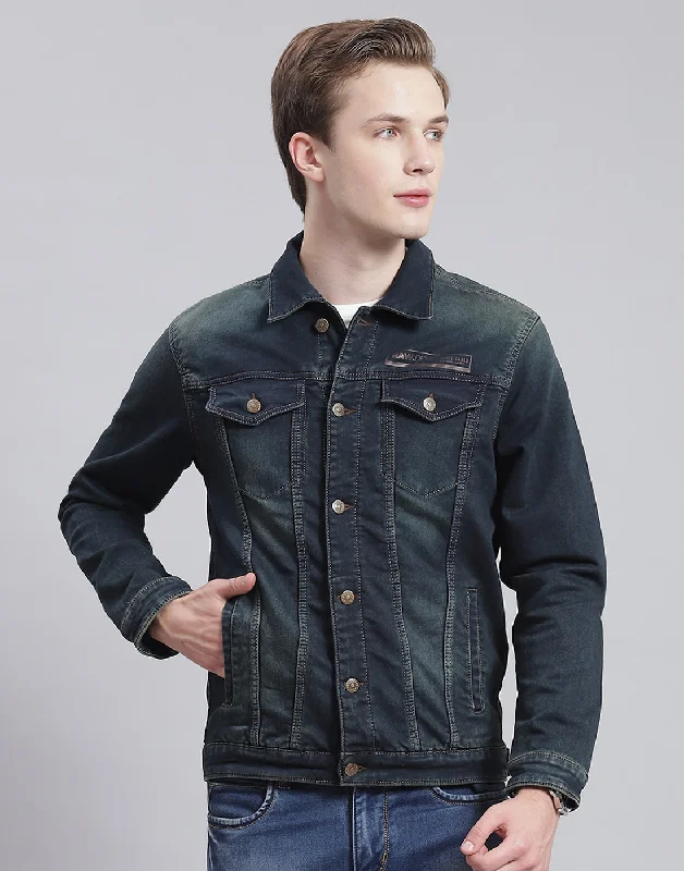 Men Blue Solid Collar Full Sleeve Jacket