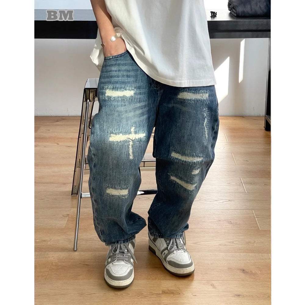 Japanese Streetwear Baggy Jeans For Men Vintage Denim Cargo Pants