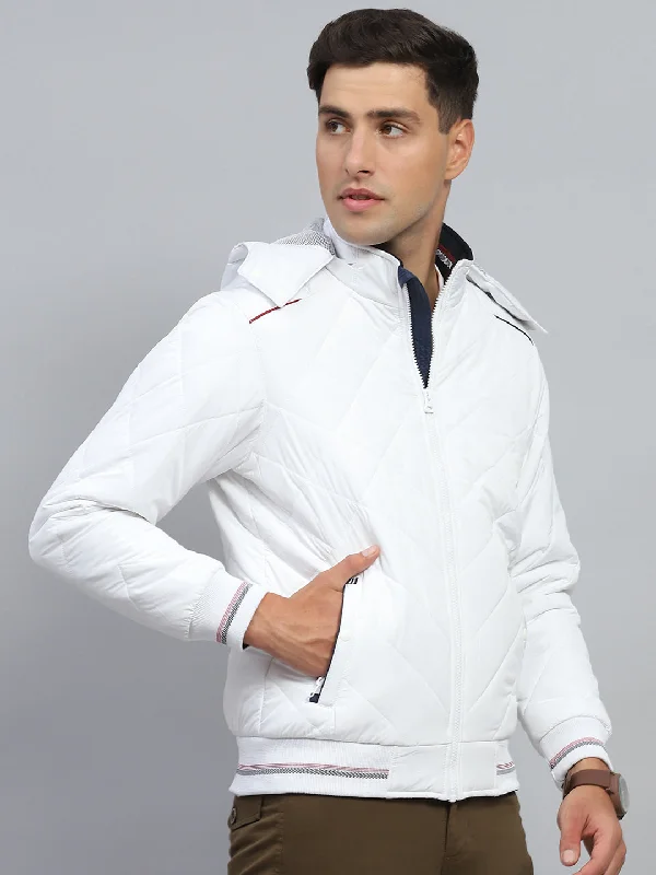 Men White Solid Hooded Full Sleeve Jacket