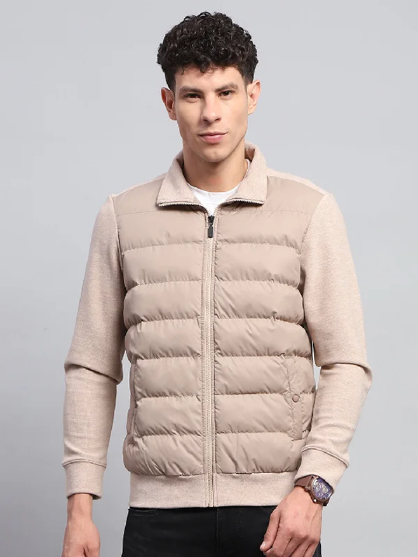 Men Beige Solid Collar Full Sleeve Jacket