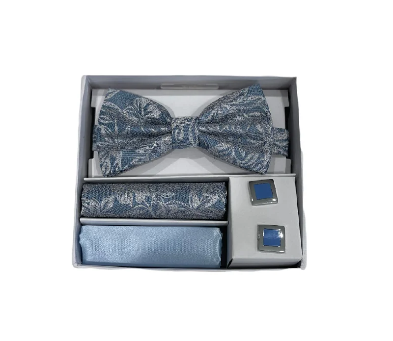 Adolfo-Blue Bow Tie, Hanky & Cufflink Set - Elegant Flower Design for Formal Wear