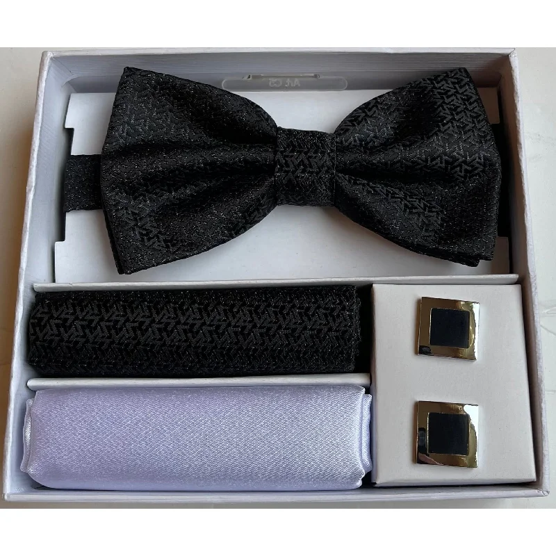 Adolfo Zig-Zag Pattern Bow Tie Hanky & Cufflink Box Set - ABS70634-Black