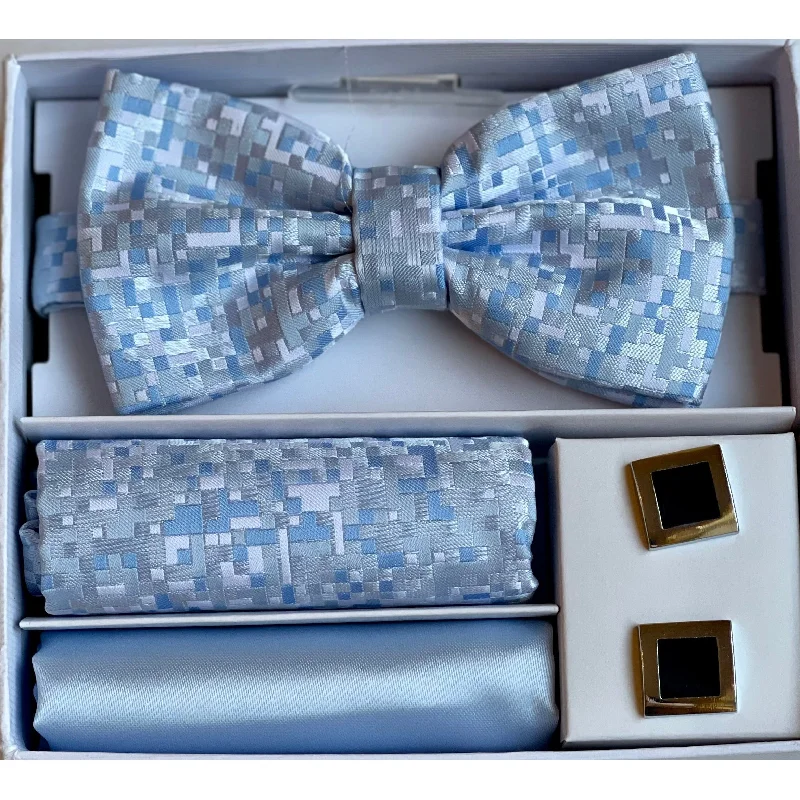 Fancy Zig Zag Design Bow Tie Hanky & Cufflink Box Set