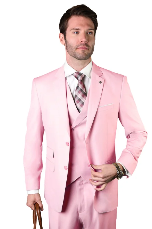 Qualitique Collection: Pink 3PC Modern Fit Suit with Double Breasted Vest