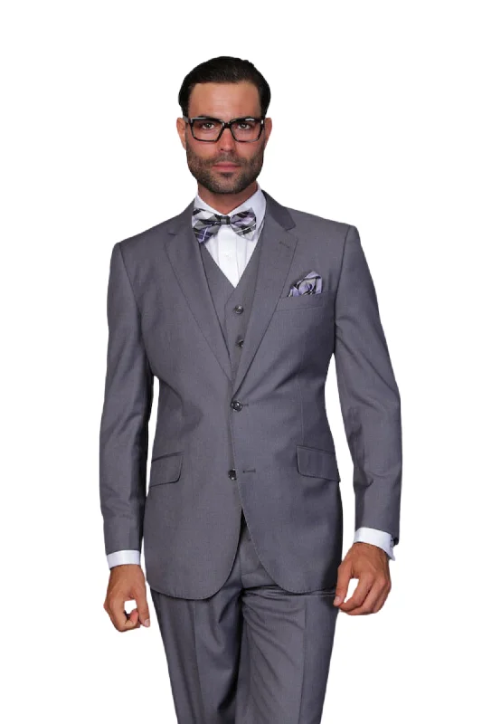 Pan Prestige Collection: 3PC Modern Fit Solid Color Suit With Super 180's Italian Wool In Charcoal