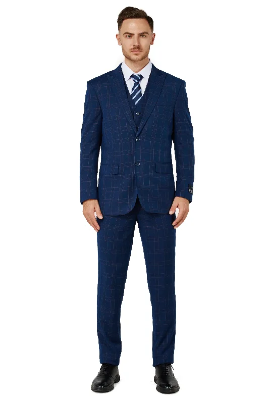 Men's Blue Checker Notched Lapel Suit Slim Fit (3 PCS)