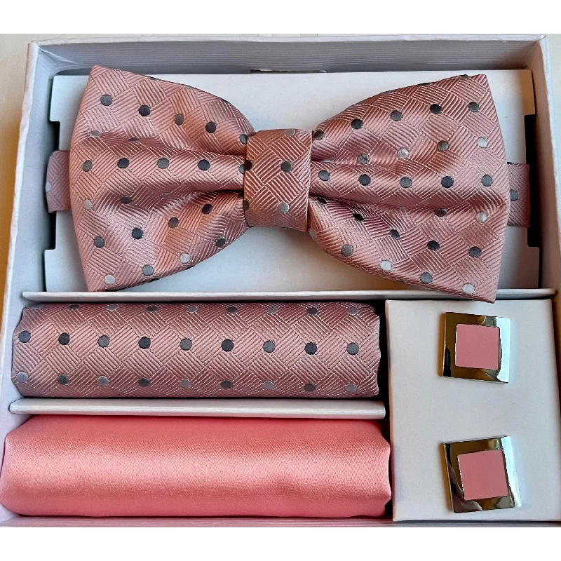 Adolfo Polka Dot Style Bow Tie Hanky & Cufflink Box Set - ABS70667-Pink