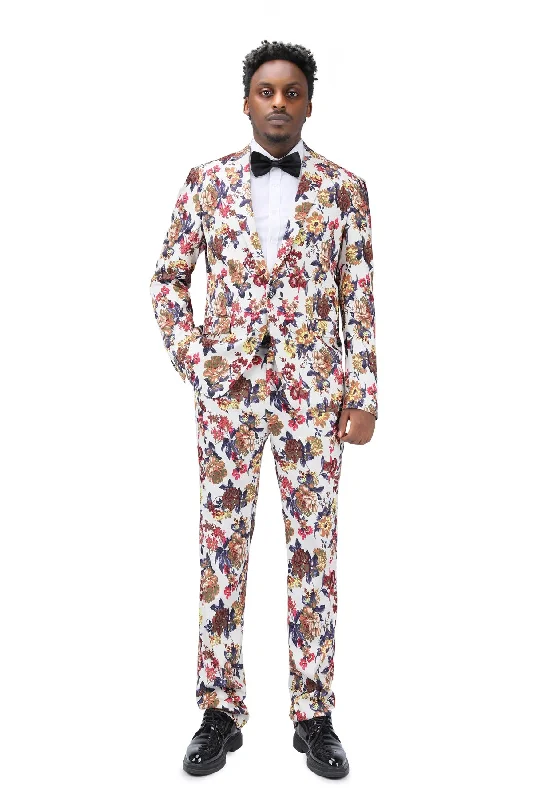 2-Piece Slim Fit Floral Print Suit White