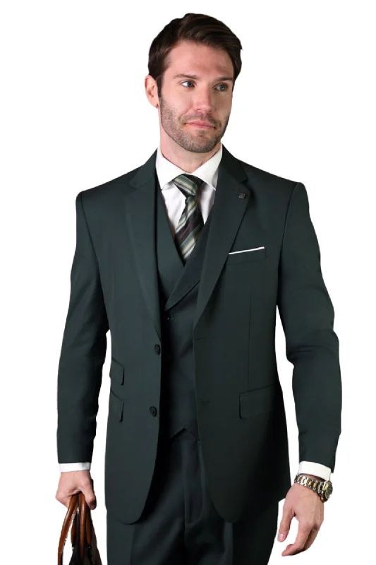 Qualitique Collection: Hunter Green 3PC Modern Fit Suit with Double Breasted Vest