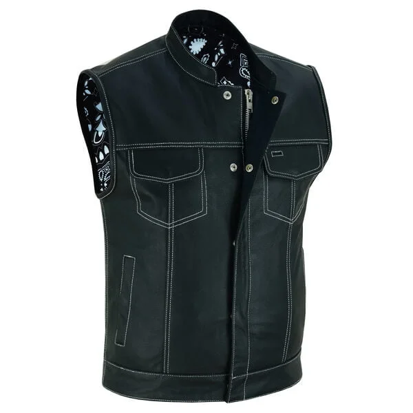 Men's Black Leather Motorcycle Vest With Paisley Lining