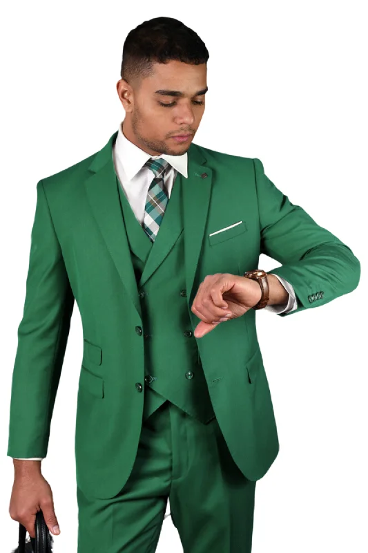 Qualitique Collection: Kelly Green 3PC Modern Fit Suit with Double Breasted Vest