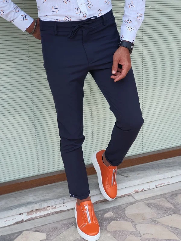 Bastoni Navy Blue Slim Fit Cotton Pants