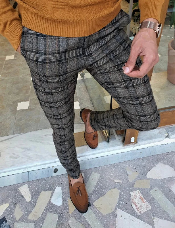 Garuzo Camel Slim Fit Plaid Pants