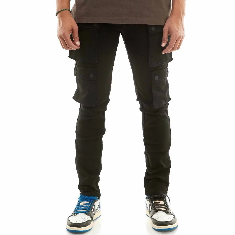 Men's Snap Double Cargo Pants In Black