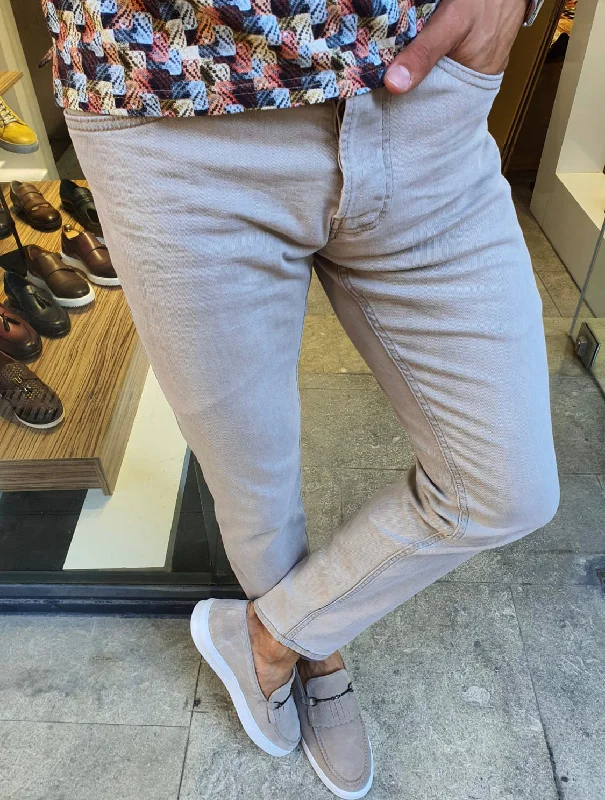 Sparks Beige Slim Fit Handmade Jeans