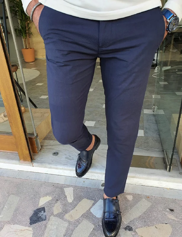 Vicenza Navy Blue Slim Fit Cotton Pants