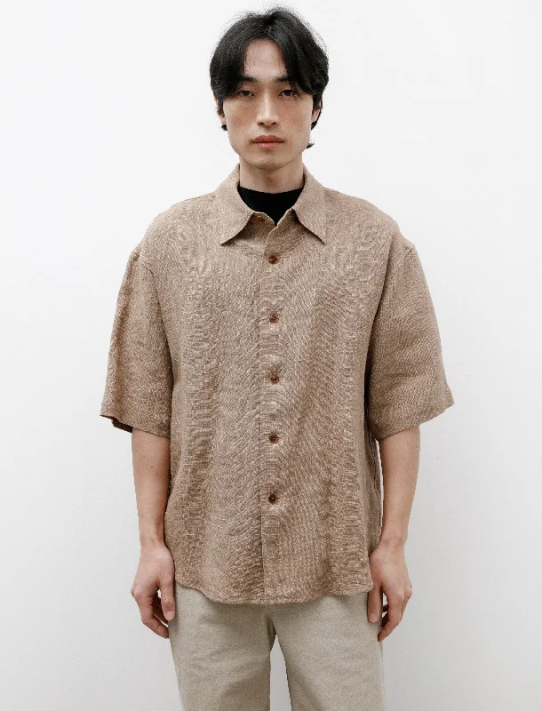 Linen Silk Tweed Half Sleeve Shirt Brown