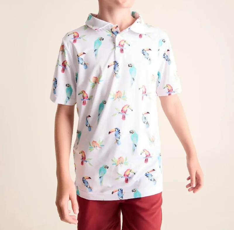 Boy's Performance Polo Shirt In White Parrots