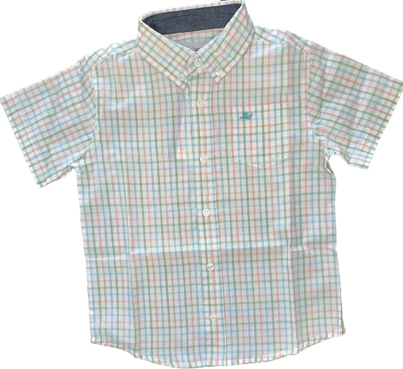 Boy's Short Sleeve Dress Shirt In Peach/aqua