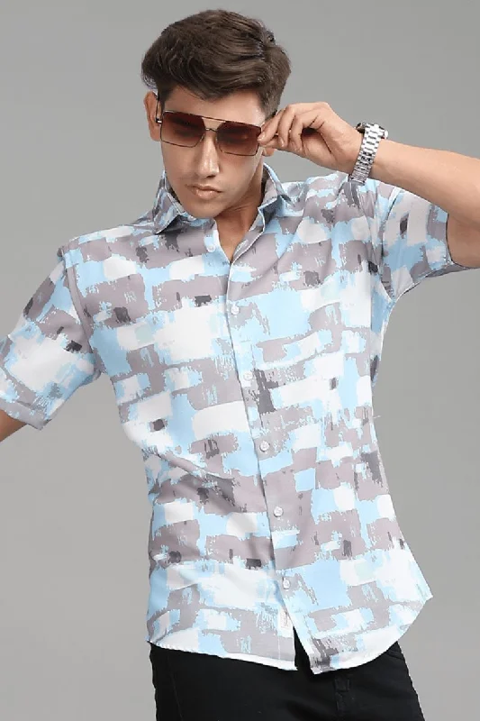 Sky Blue & Grey Printed shirt - Half - Wrinkle Free